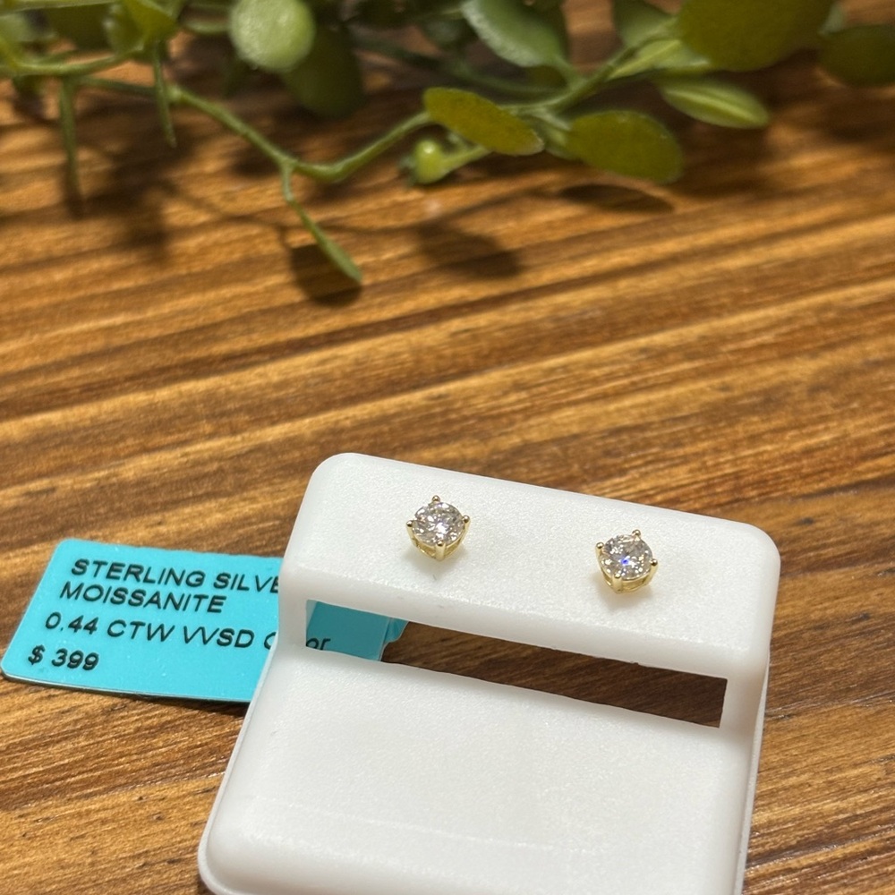 Sterling Silver Gold-Tone White Moissanite Stud Earrings NWT